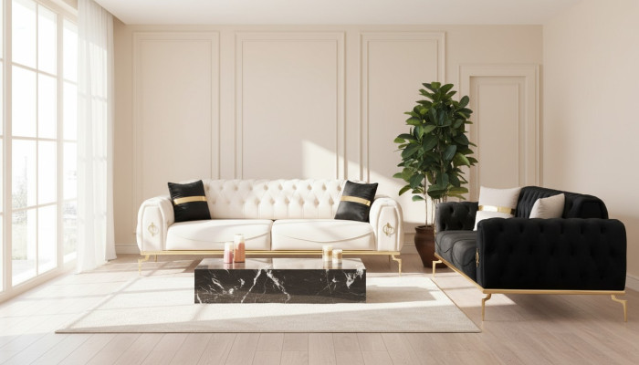 Luxury Chesterfield Sofa Set, Three-Seater Black 3+3 Seats