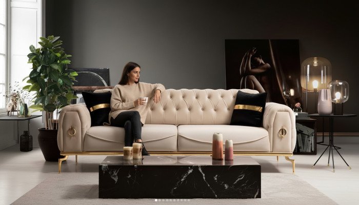 Modern Chesterfield Sofa Three-Seater Fabric Furniture Stainless Steel Furniture Couch