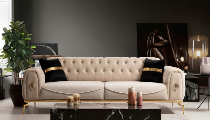 Modern Chesterfield Sofa Three-Seater Fabric Furniture Stainless Steel Furniture Couch