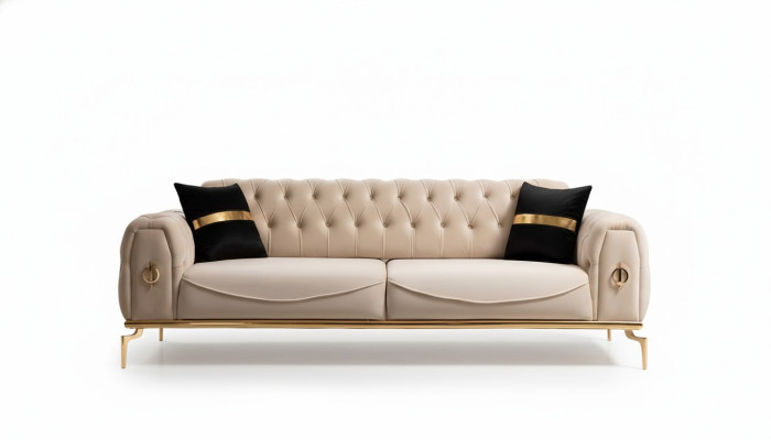Modern Chesterfield Sofa Three-Seater Fabric Furniture Stainless Steel Furniture Couch