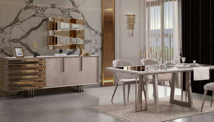 Luxury Dining Area Dining Set Dining Room Dining Table Chairs Beige Wood Set 8-piece