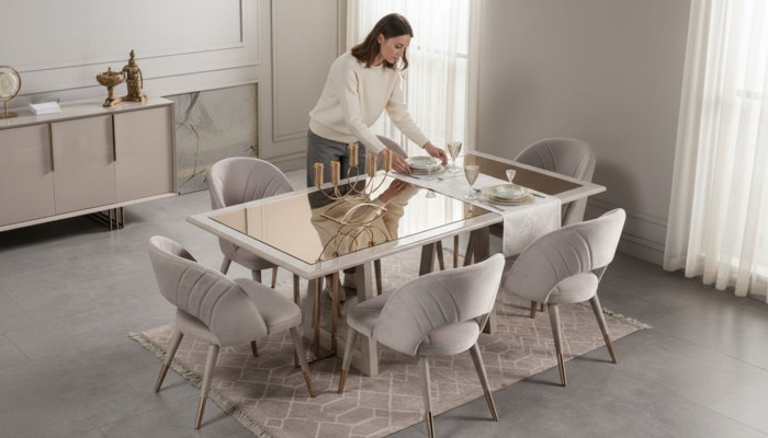 Dining room furniture set dining room ensemble 7-piece dining table chairs beige wood