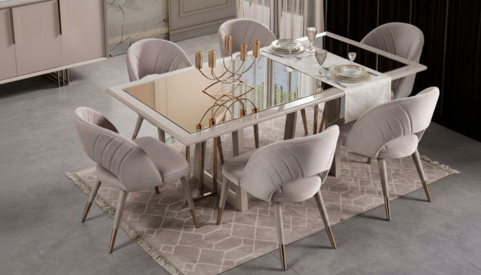 Dining room furniture set dining room ensemble 7-piece dining table chairs beige wood