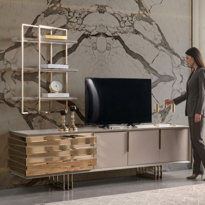 RTV lowboard TV stand sideboard beige gold living room set shelves new