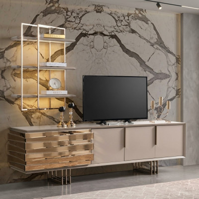 RTV lowboard TV stand sideboard beige gold living room set shelves new