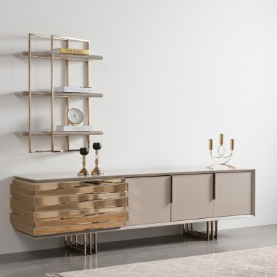 RTV lowboard TV stand sideboard beige gold living room set shelves new