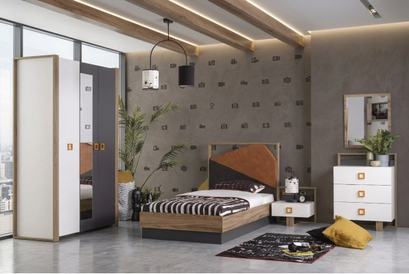 Bedroom set bed children's room set designer gray 5-piece wood