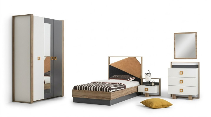 Bedroom set bed children's room set designer gray 5-piece wood