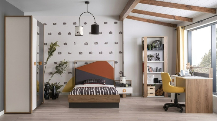 Bed frame children's room set bed set desk gray 5-piece wood