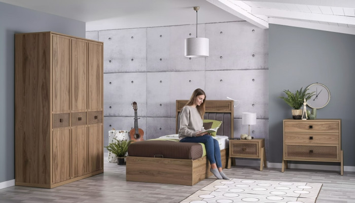 Bed with storage box, bed frame, children's bed, youth bed, brown wood, luxury