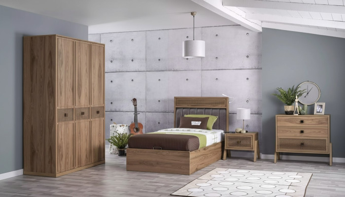 Bed with storage box, bed frame, children's bed, youth bed, brown wood, luxury