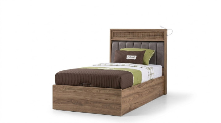 Bed with storage box, bed frame, children's bed, youth bed, brown wood, luxury