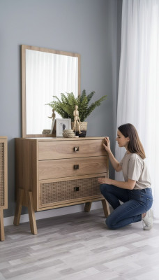 Complete dresser with mirror, wood brown, 2-piece children's room cabinet