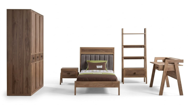 Wooden Bed Complete Bedroom Furniture Youth Bed Brown Bed Set 5-Piece