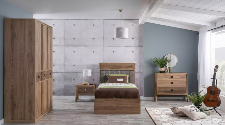 Wooden bed with storage box complete youth bed wood brown set 4-piece
