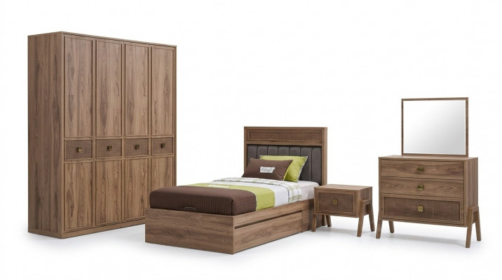 Wooden bed with storage box complete youth bed wood brown set 4-piece