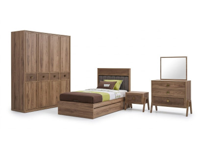 Wooden bed with storage box complete youth bed wood brown set 4-piece