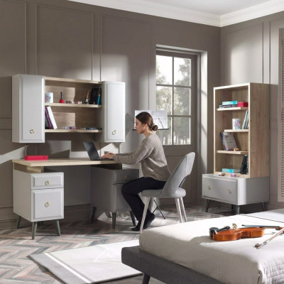 Computer desk, writing desk, children's desk, wood, gray, 3-piece set table