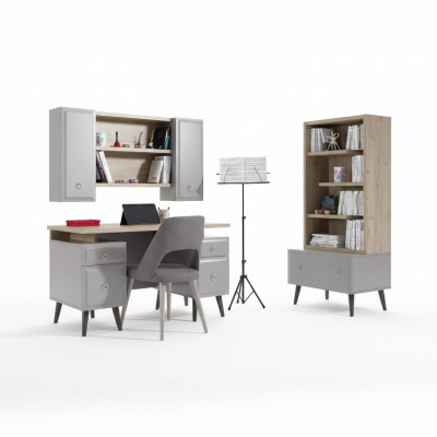 Computer desk, writing desk, children's desk, wood, gray, 3-piece set table