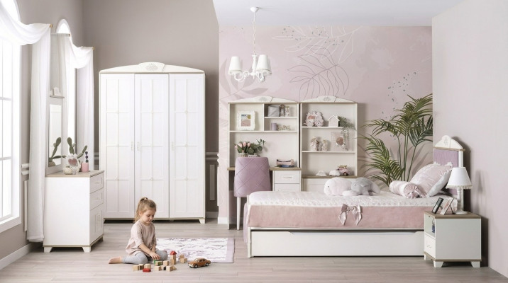 Complete youth bed children's furniture children's room bed wood pink set 8 pcs