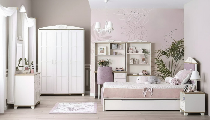 Complete youth bed children's furniture children's room bed wood pink set 8 pcs