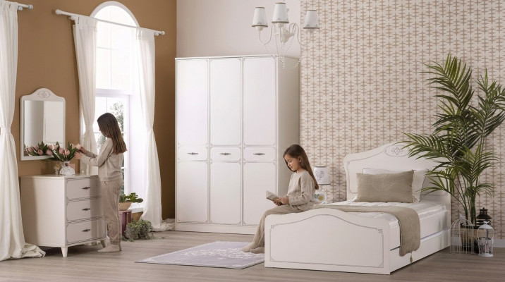 Youth bed set functional bed retractable 5-piece set wood white