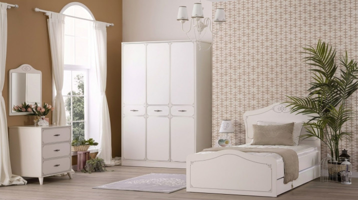 Youth bed set functional bed retractable 5-piece set wood white