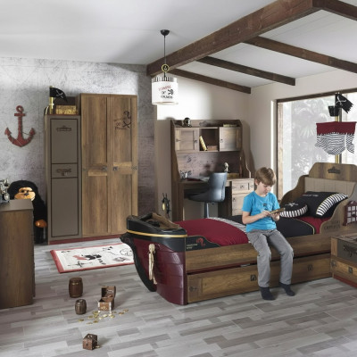 Children's room pirate bed ship wardrobe table double beds 5-piece set