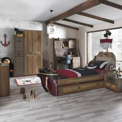 Children's room pirate bed ship wardrobe table double beds 5-piece set