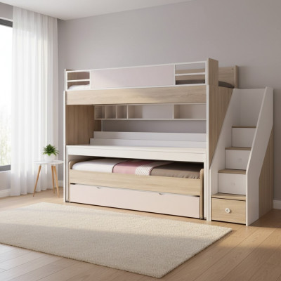 Bunk bed with 3 sleeping places multifunctional bed wood pink luxury loft bed