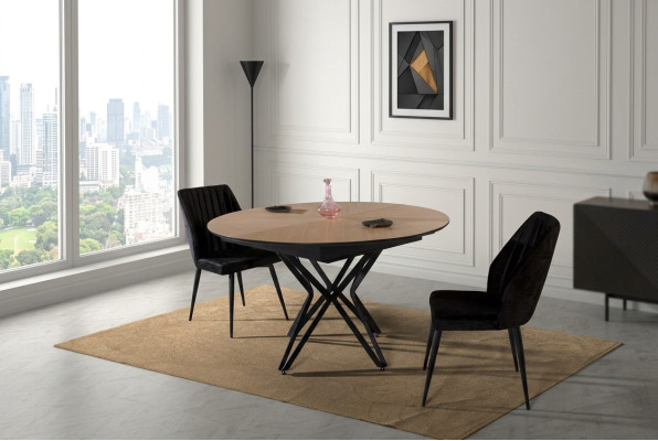 Round dining table, extendable modern kitchen table wood brown