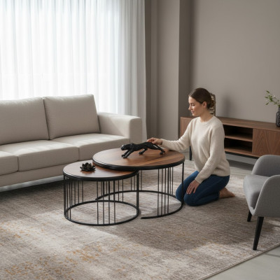 Side Table Group Coffee Table Brown 2-Piece Set Wood Table