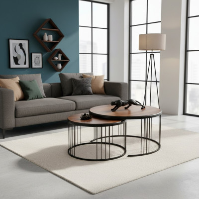Side Table Group Coffee Table Brown 2-Piece Set Wood Table