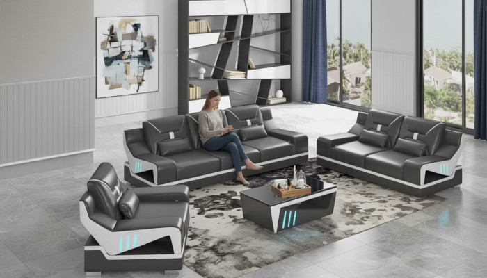 Luxury Sofa Set Complete Couch Set Black Faux Leather Sofa 321