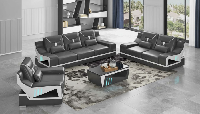 Luxury Sofa Set Complete Couch Set Black Faux Leather Sofa 321