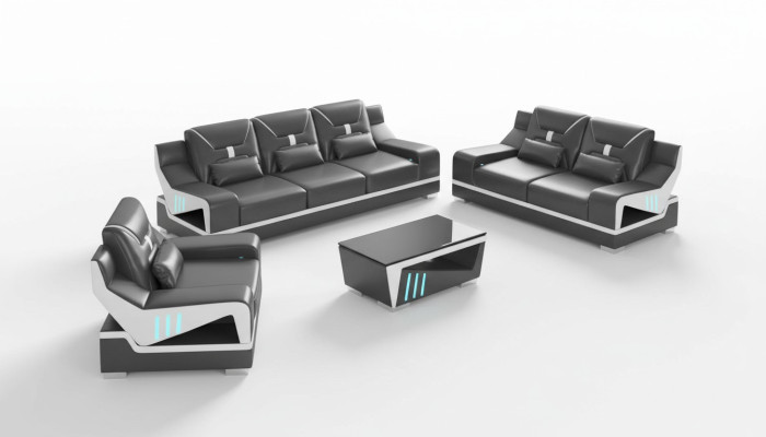 Luxury Sofa Set Complete Couch Set Black Faux Leather Sofa 321