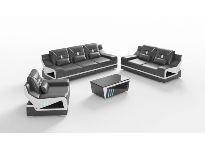 Luxury Sofa Set Complete Couch Set Black Faux Leather Sofa 321