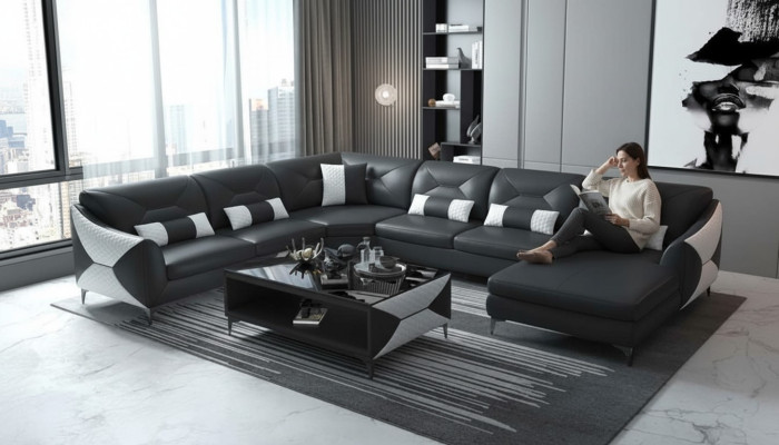 Large living landscape sofa U-shaped corner sofa leather sofa black faux leather