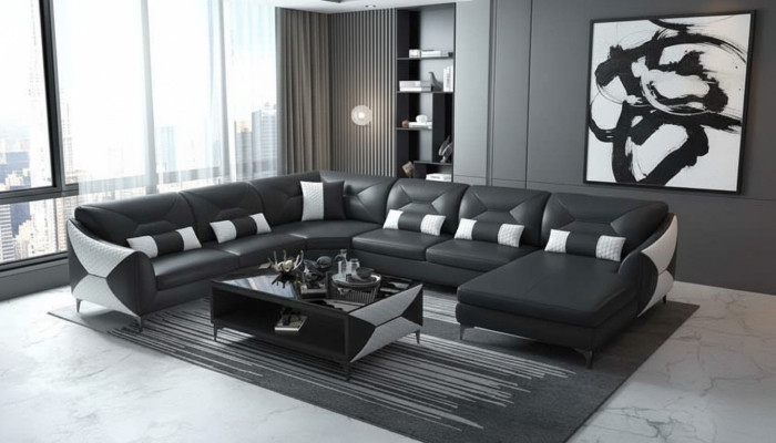 Large living landscape sofa U-shaped corner sofa leather sofa black faux leather
