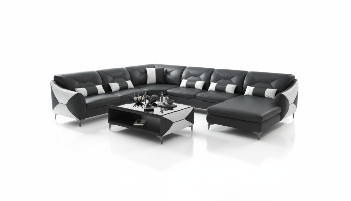 Large living landscape sofa U-shaped corner sofa leather sofa black faux leather