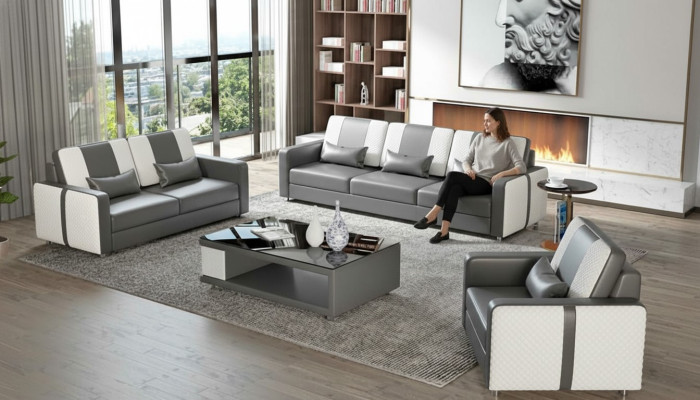 Complete Sofa Set Luxury Couch Set Gray Faux Leather 321