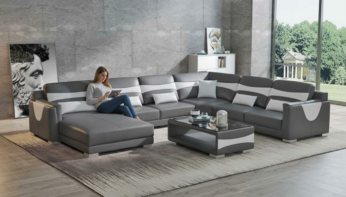 Large sectional U-shaped sofa, corner sofa, leather sofa, gray faux leather, new