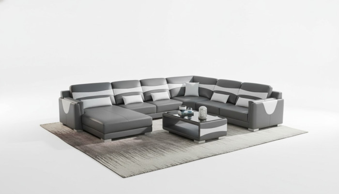 Large sectional U-shaped sofa, corner sofa, leather sofa, gray faux leather, new