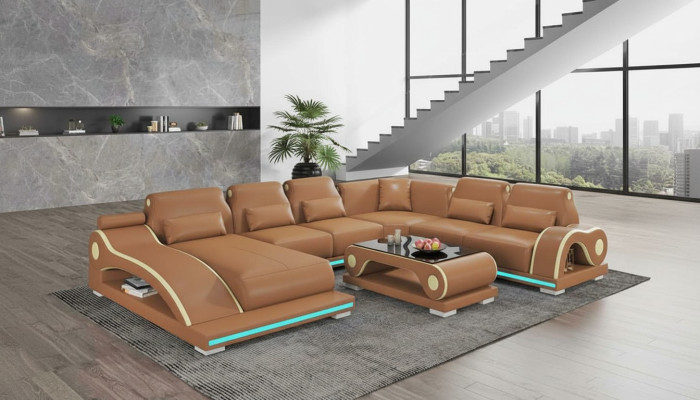 XXL Living Room Sofa U-Shape Large Corner Sofa Leather Sofa Brown Sofas New