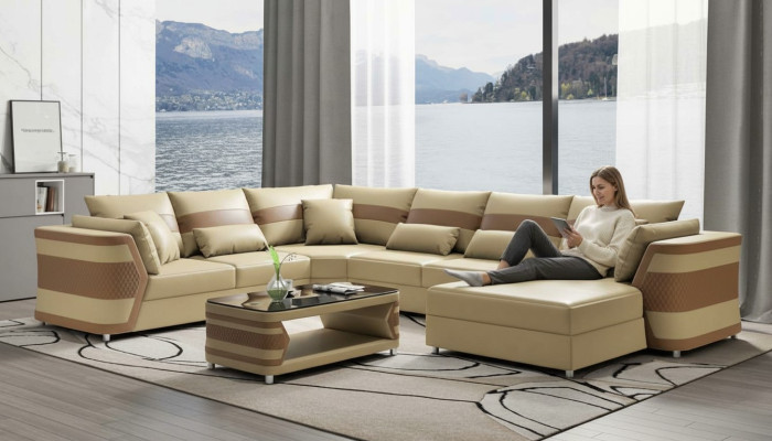 XXL living area sofa U shape large corner sofa leather sofa beige sofas couches