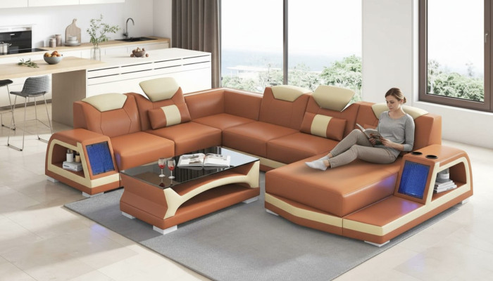 Modern sectional sofa U-shape large leather sofa brown sofas