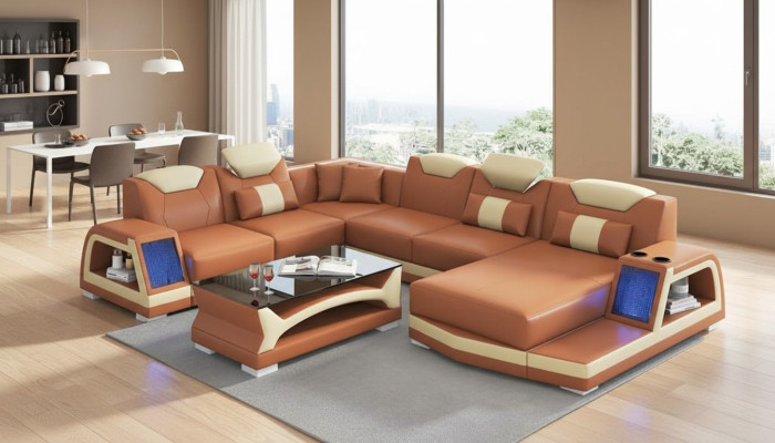 Modern sectional sofa U-shape large leather sofa brown sofas