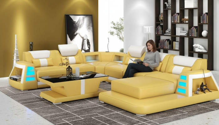 Couch Contemporary U-Shaped Corner Sofa Yellow Living Landscape Leather Sofa Sofa