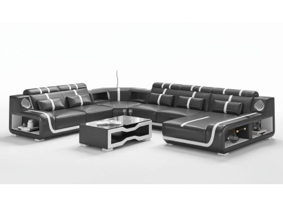 XXL living landscape sofa U-shape large corner sofa leather sofa black sofas