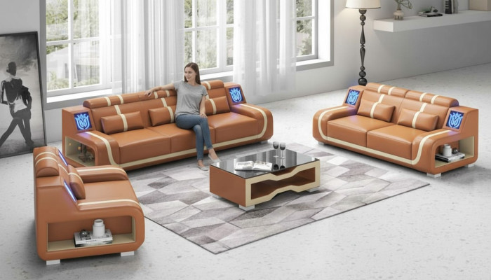 Living room complete leather sofas couch set brown 3-piece set
